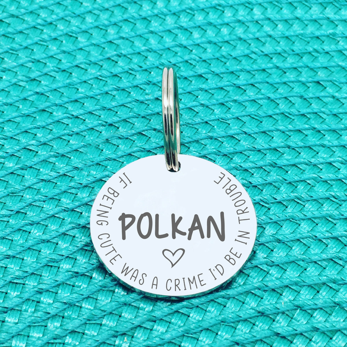 Personalised Pet Tag - If Being Cute Was A Crime I'd Be In Trouble Design (Custom Engraved Silver Dog Tag, Dog Name Tags)