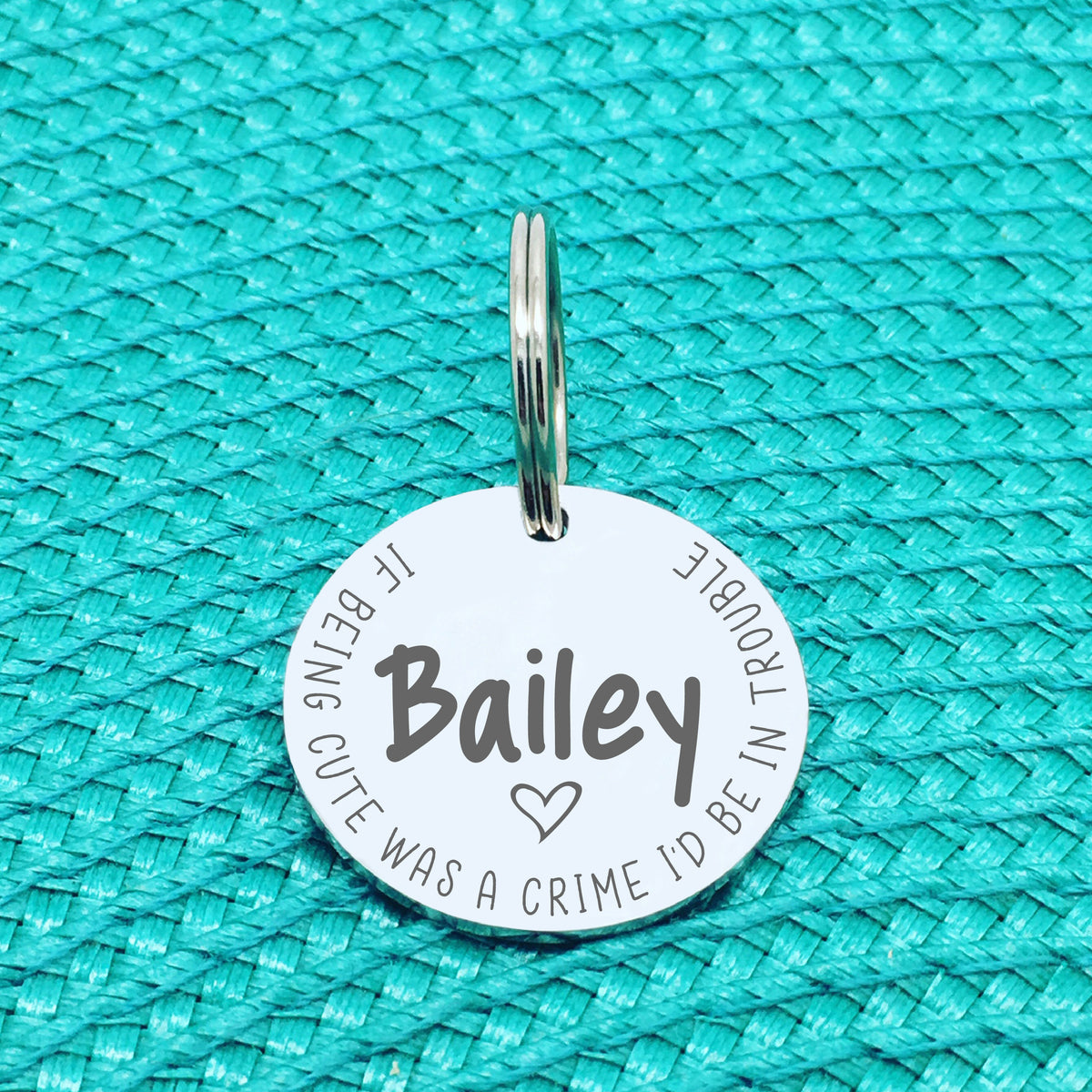 Personalised Pet Tag - If Being Cute Was A Crime I'd Be In Trouble Design (Custom Engraved Silver Dog Tag, Dog Name Tags)