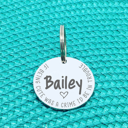 Personalised Pet Tag - If Being Cute Was A Crime I'd Be In Trouble Design (Custom Engraved Silver Dog Tag, Dog Name Tags)
