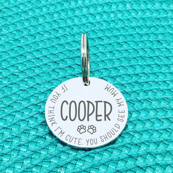 Personalised Pet Tag - If You Think I'm Cute You Should See My Mum Design (Custom Engraved Silver Dog Tag, Dog Name Tags)