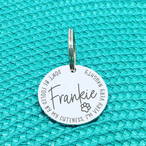 Personalised Pet Tag - Don't Be Fooled By My Cuteness I'm Very Very Naughty Design (Custom Engraved Silver Dog Tag, Dog Name Tags)