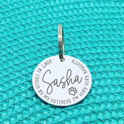 Personalised Pet Tag - Don't Be Fooled By My Cuteness I'm Very Very Naughty Design (Custom Engraved Silver Dog Tag, Dog Name Tags)