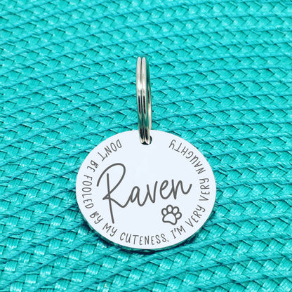 Personalised Pet Tag - Don't Be Fooled By My Cuteness I'm Very Very Naughty Design (Custom Engraved Silver Dog Tag, Dog Name Tags)