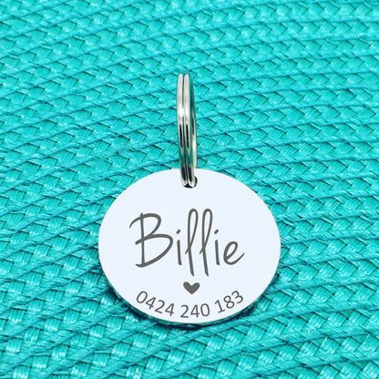 Personalised Pet Tag, Billie Heart Design (Personalised Custom Engraved Dog Tag /  Personalised Cat Tag)