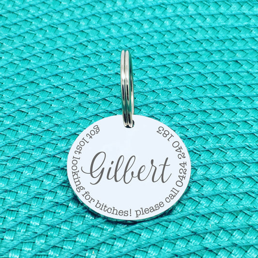 Personalised Pet Tag, Got Lost Looking For Bitches, Please Call Design (Custom Engraved Dog Tag)