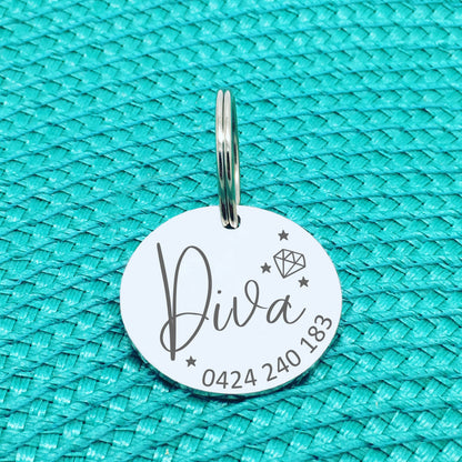 Personalised Pet Tag, 'Diva' Diamond & Star Design (Personalised Custom Engraved Dog Tag /  Personalised Cat Tag)