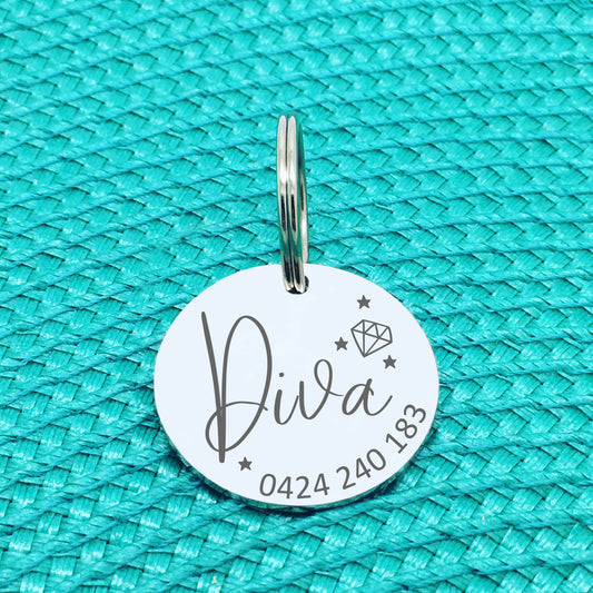 Personalised Pet Tag, 'Diva' Diamond & Star Design (Personalised Custom Engraved Dog Tag /  Personalised Cat Tag)