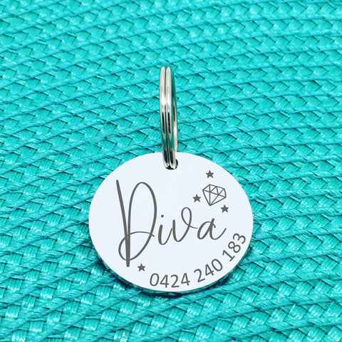 Personalised Pet Tag, 'Diva' Diamond & Star Design (Personalised Custom Engraved Dog Tag /  Personalised Cat Tag)