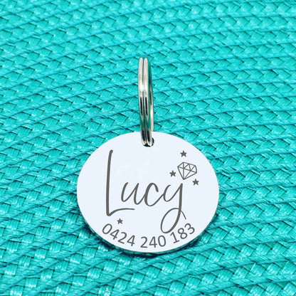 Personalised Pet Tag, 'Diva' Diamond & Star Design (Personalised Custom Engraved Dog Tag /  Personalised Cat Tag)
