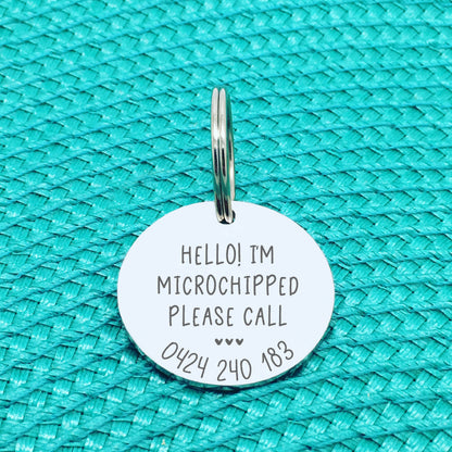 Personalised Pet Tag - Hello I'm Microchipped Please Call Double Sided Dog Tag (Personalised Dog Tag)