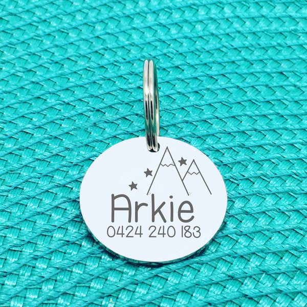 Personalised Pet Tag, 'Arkie' Mountain Design (Personalised Custom Engraved Dog Tag /  Personalised Cat Tag)