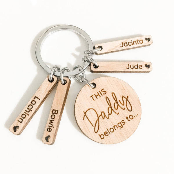 This Daddy belongs to personalised wooden keyring (dedicate to any name you like)