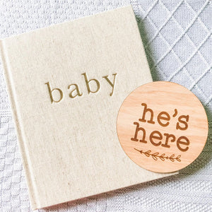He's Here Baby Announcement Floral Wreath Design (Newborn Announcement, Newborn Photo Prop)