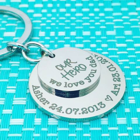 Our Hero, We Love You Dad Personalised Multi Layer Keyring (Change Dad To Another Name Of Your Choosing)