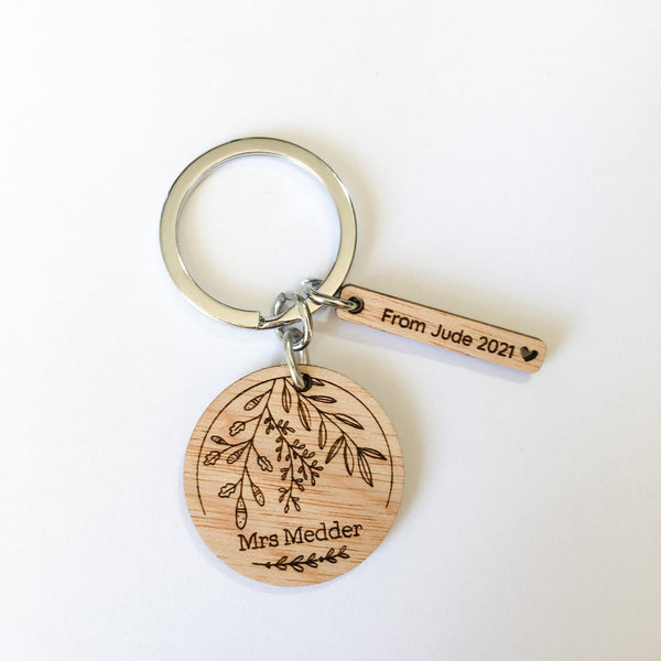 Personalised Wooden Teacher Keyring (floral design) - Gift from Student, Gift For Teacher