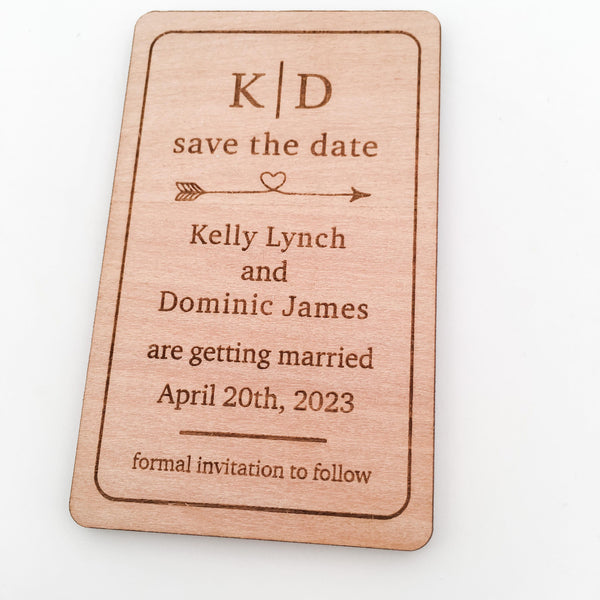 Engraved Wooden Save the Date Magnets (heart arrow design)