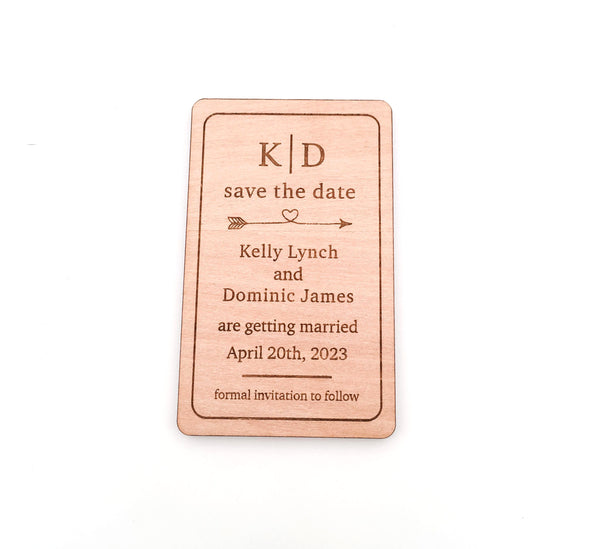 Engraved Wooden Save the Date Magnets (heart arrow design)