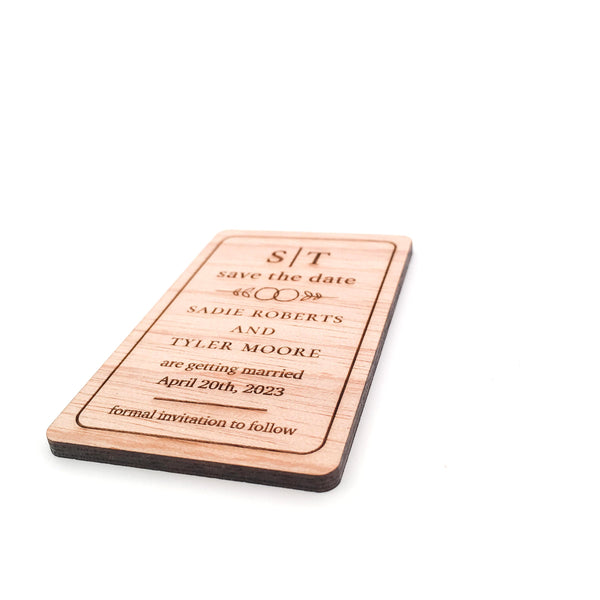 Engraved Wooden Save the Date Magnets (wedding ring leaf design)