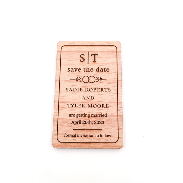 Engraved Wooden Save the Date Magnets (wedding ring leaf design)