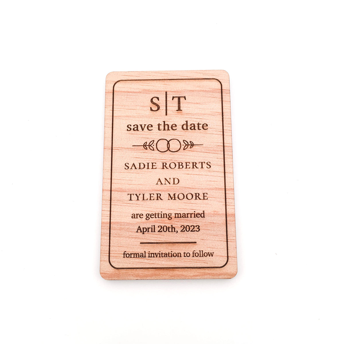 Engraved Wooden Save the Date Magnets (wedding ring leaf design)