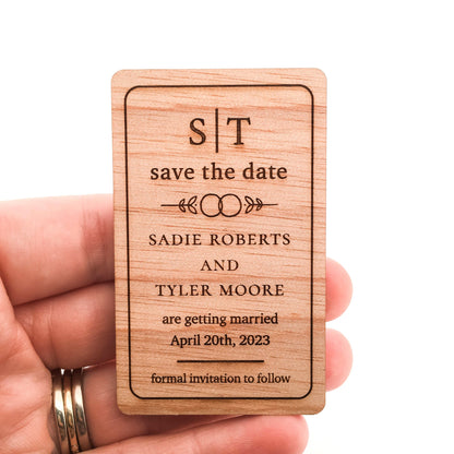 Engraved Wooden Save the Date Magnets (wedding ring leaf design)
