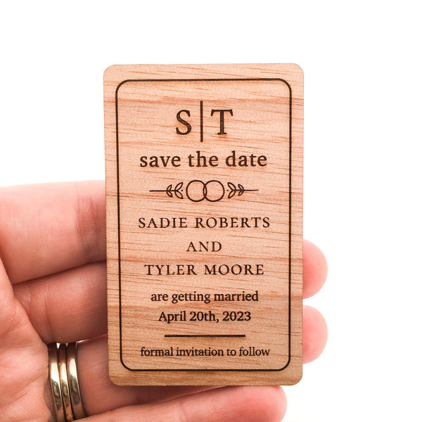 Engraved Wooden Save the Date Magnets (wedding ring leaf design)