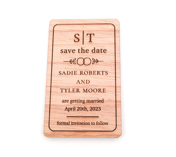 Engraved Wooden Save the Date Magnets (wedding ring leaf design)