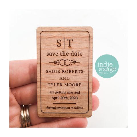 Engraved Wooden Save the Date Magnets (wedding ring leaf design)