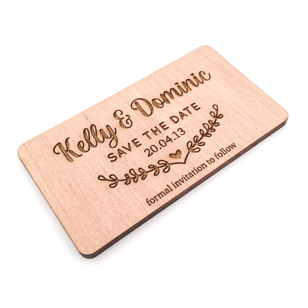 Engraved Wooden Save the Date Magnets (wreath design)