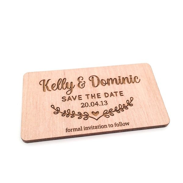 Engraved Wooden Save the Date Magnets (wreath design)