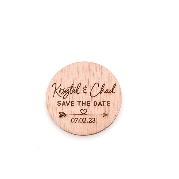 Engraved Wooden Circle Save the Date Magnets (arrow heart design)