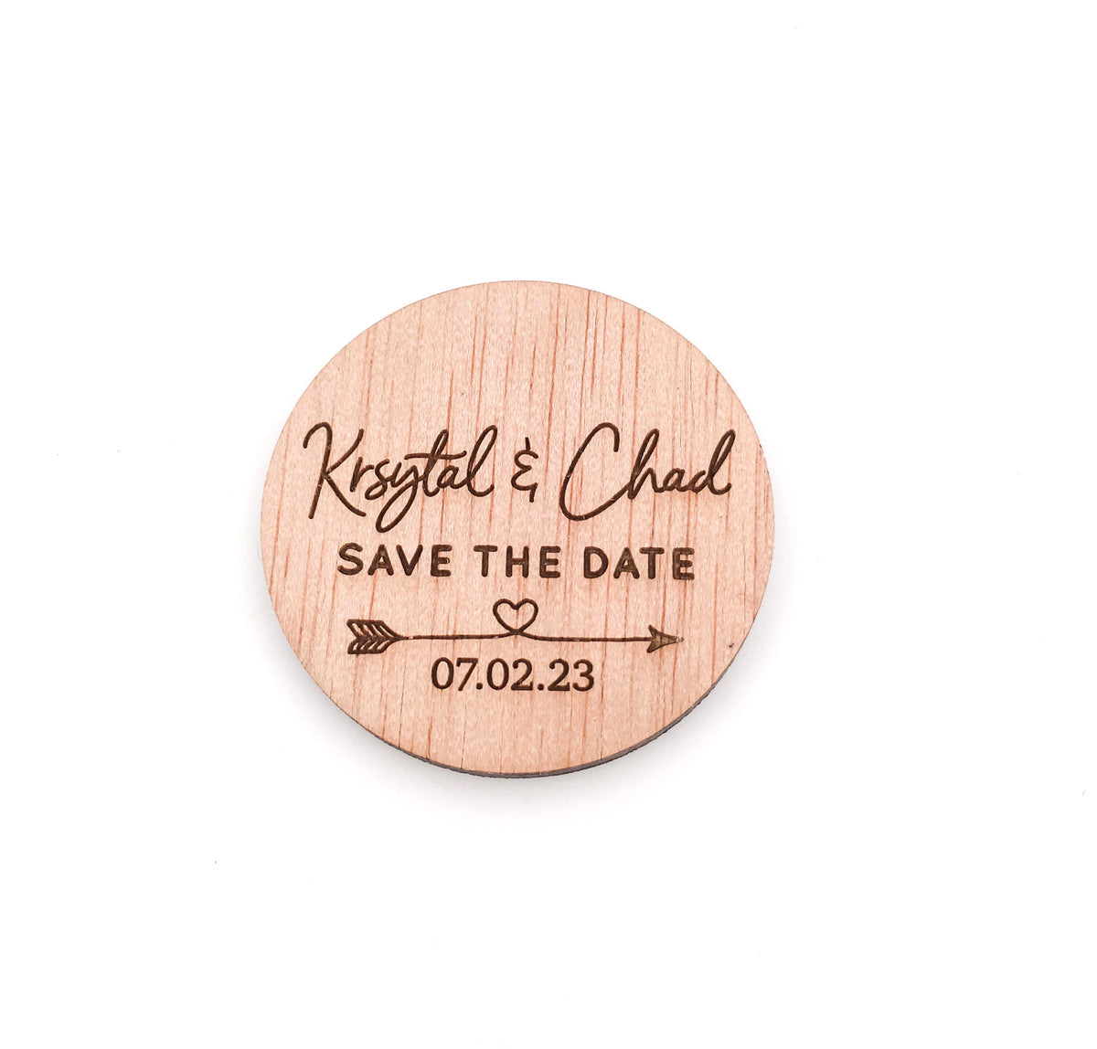 Engraved Wooden Circle Save the Date Magnets (arrow heart design)
