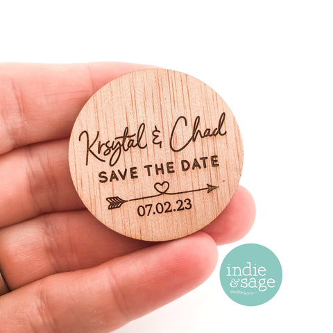 Engraved Wooden Circle Save the Date Magnets (arrow heart design)