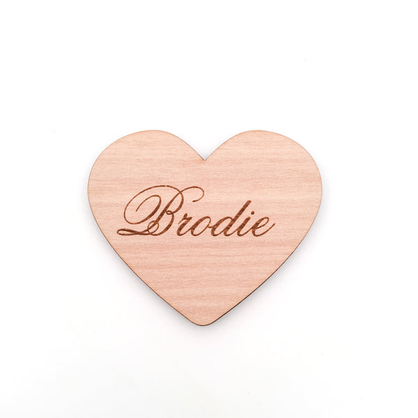 Engraved Heart Shaped Wooden Name Place Setting for Wedding or Event