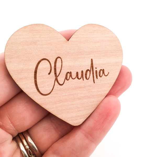 Engraved Heart Shaped Wooden Name Place Setting for Wedding or Event