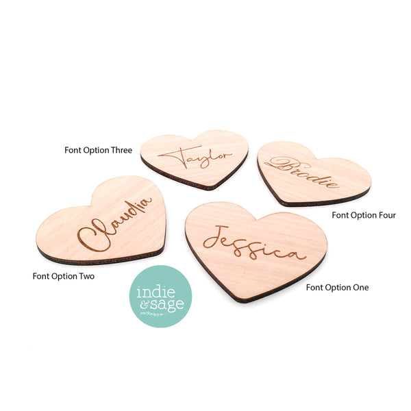 Engraved Heart Shaped Wooden Name Place Setting for Wedding or Event