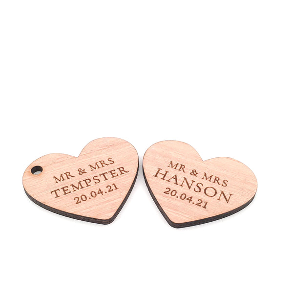 Engraved Wooden Heart Shaped Wedding Thank You Gift Tag (personalised wedding favours)