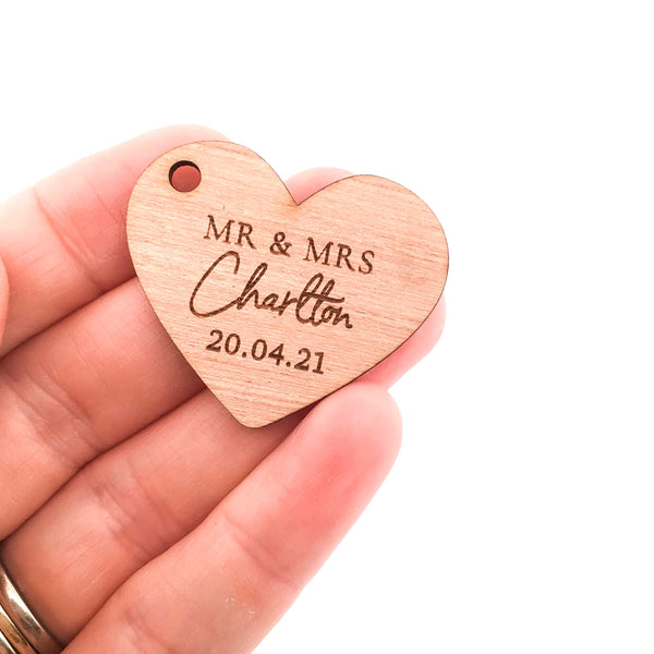 Engraved Wooden Heart Shaped Wedding Thank You Gift Tag (personalised wedding favours)