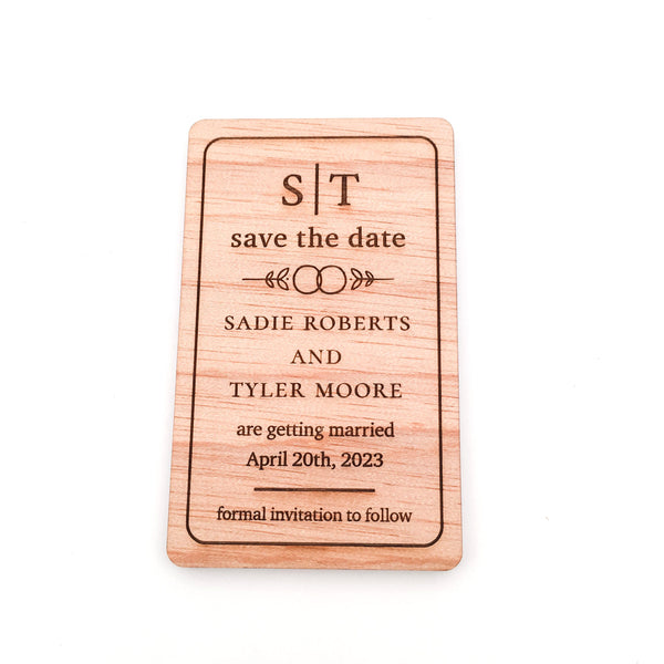 Engraved Wooden Save the Date Magnets (wedding ring leaf design)