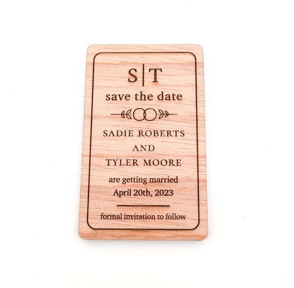 Engraved Wooden Save the Date Magnets (wedding ring leaf design)