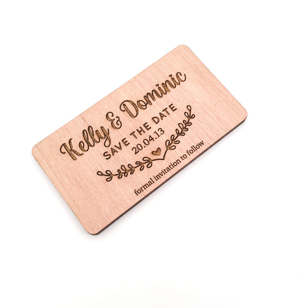 Engraved Wooden Save the Date Magnets (wreath design)