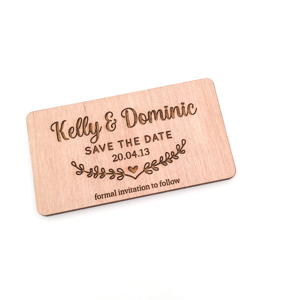 Engraved Wooden Save the Date Magnets (wreath design)