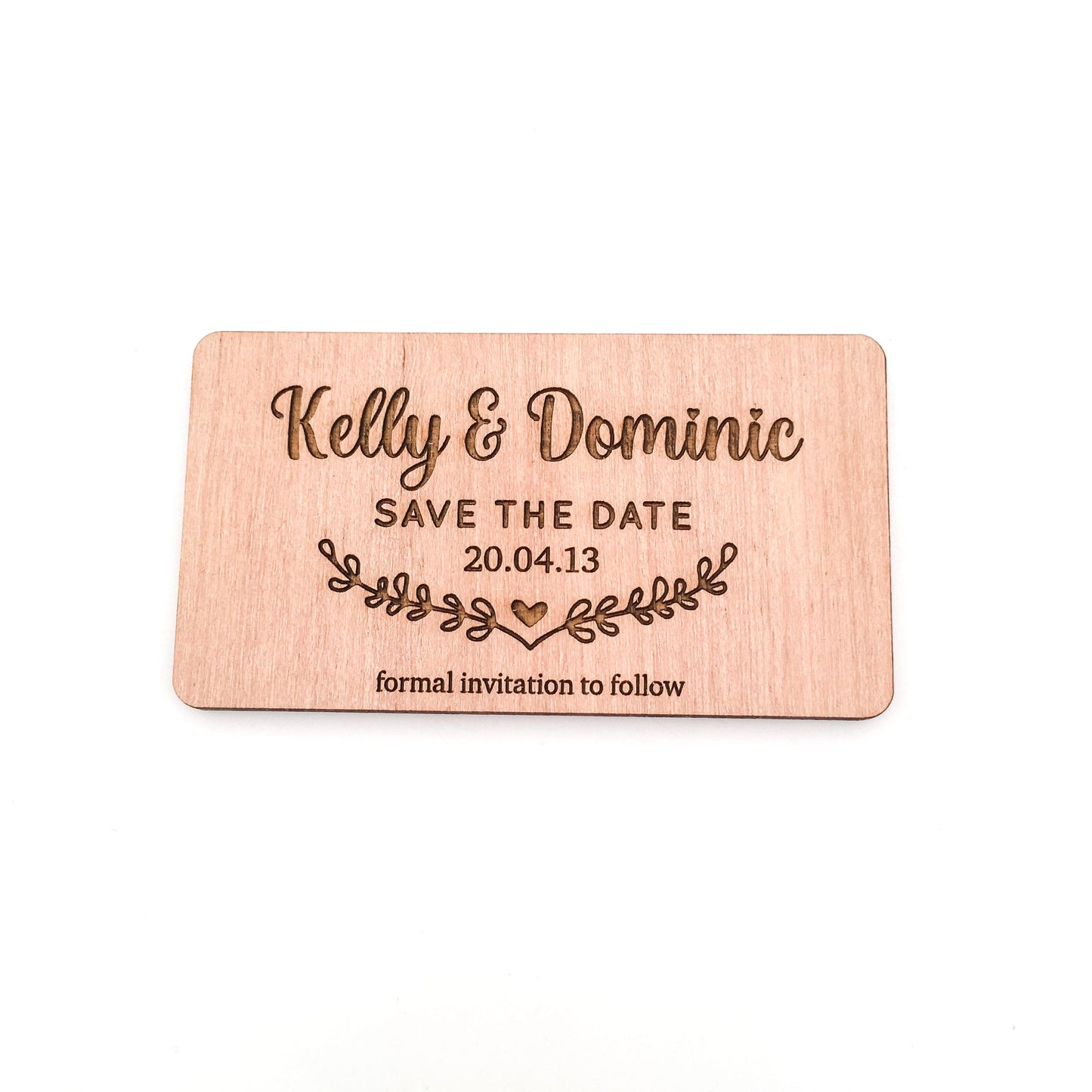 Engraved Wooden Save the Date Magnets (wreath design)