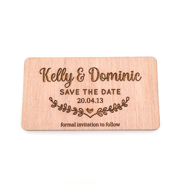 Engraved Wooden Save the Date Magnets (wreath design)