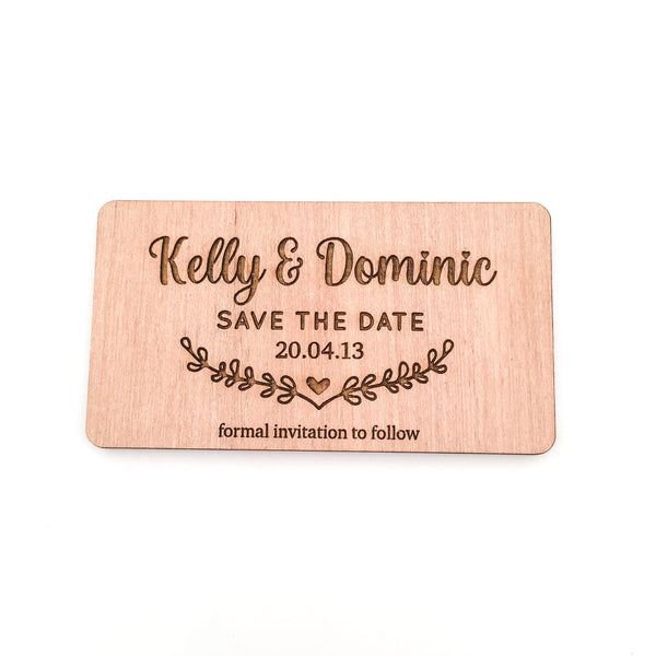 Engraved Wooden Save the Date Magnets (wreath design)