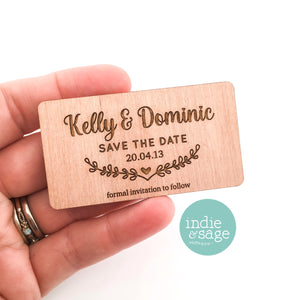 Engraved Wooden Save the Date Magnets (wreath design)