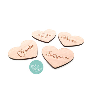 Engraved Heart Shaped Wooden Name Place Setting for Wedding or Event