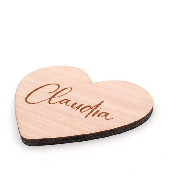 Engraved Heart Shaped Wooden Name Place Setting for Wedding or Event
