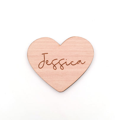 Engraved Heart Shaped Wooden Name Place Setting for Wedding or Event