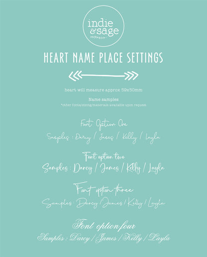 Engraved Heart Shaped Wooden Name Place Setting for Wedding or Event